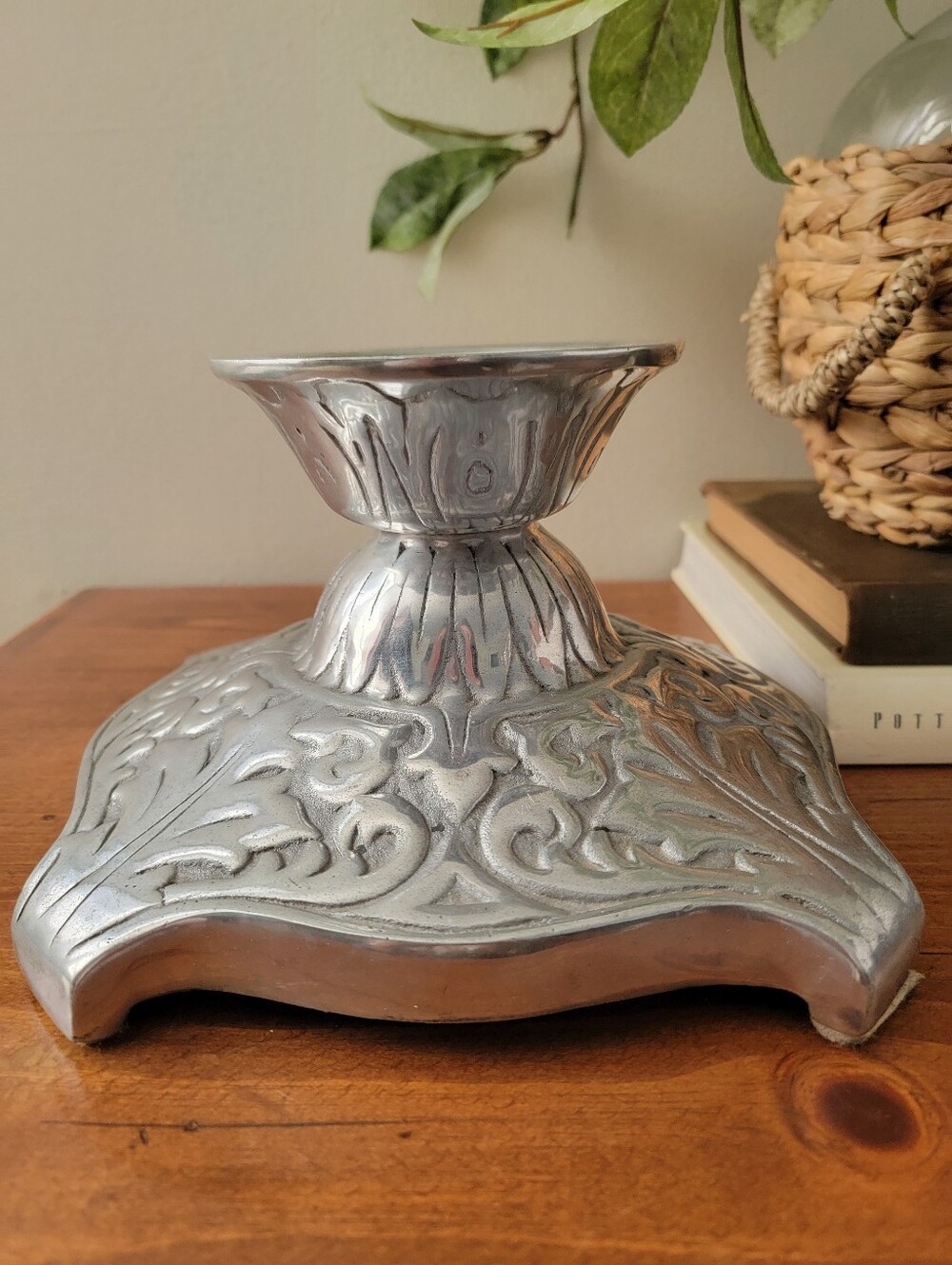 Ornate Silver-tone Cast Metal Large Pillar Candle Holder Embossed Scroll